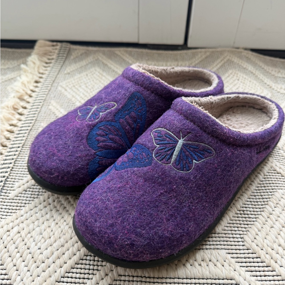 LL Bean Slippers Women's Sz 9 Daybreak Scuffs Shoes Purple Butterfly Wool Clogs